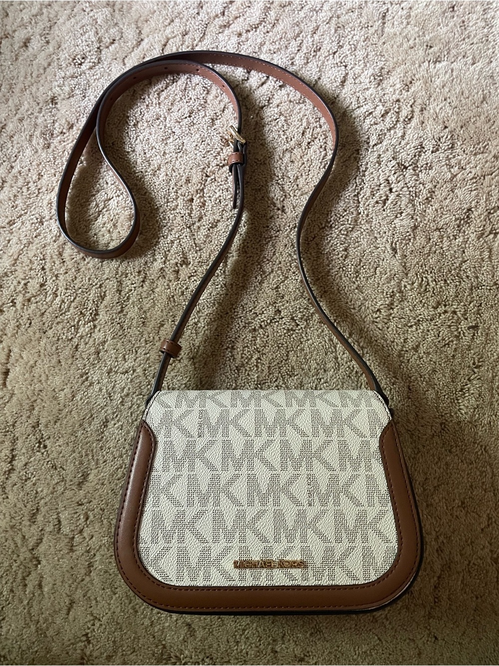 Michael Kors Beige Canvas Logo Crossbody with Brown Trim